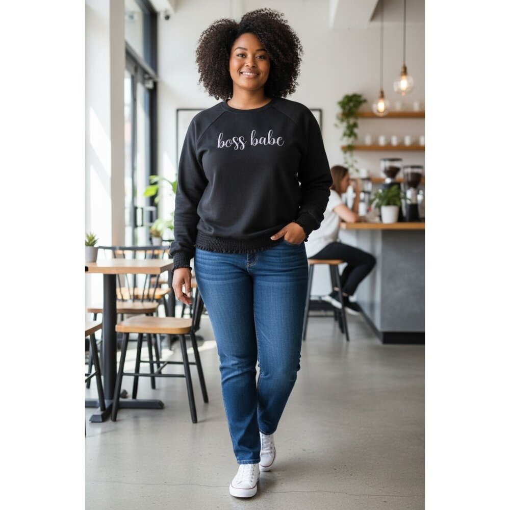 Lane Bryant Classic Smocked Hem "Boss Babe" Graphic Sweatshirt Black 14/16